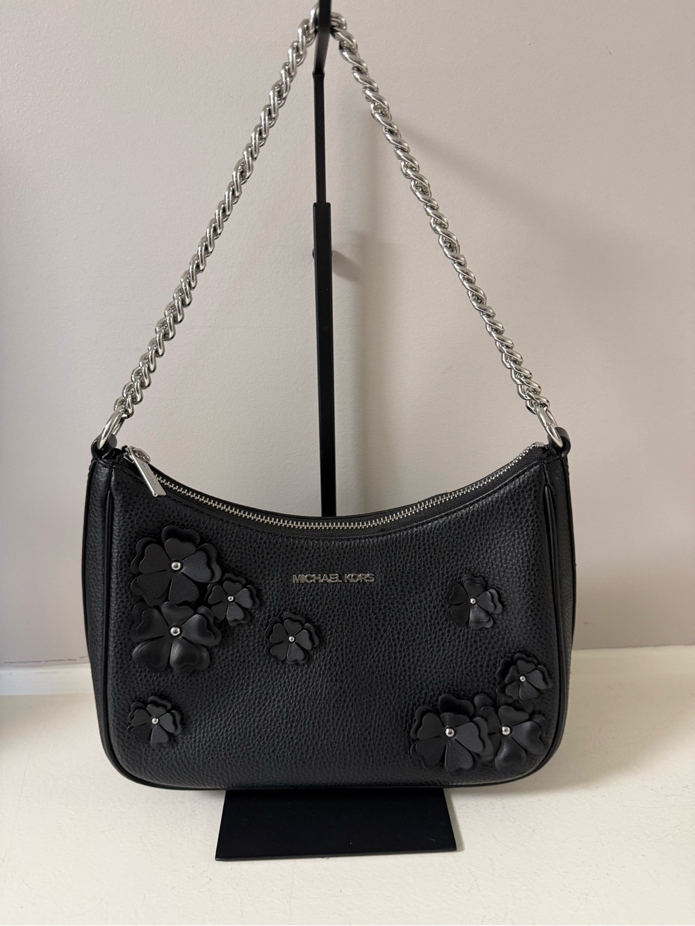 MICHAEL KORS Black Leather Floral Applique Shoulder Bag, NWOT!